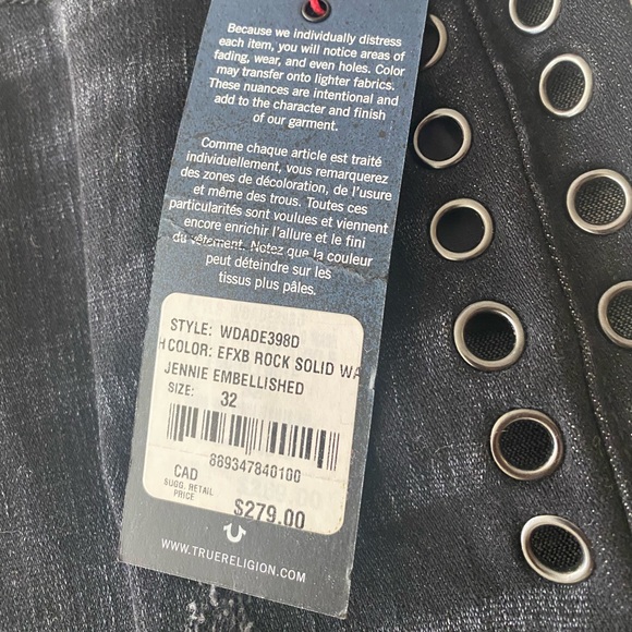 TRUE RELIGION Feathered Black Jennie Curvy Ankle Embellished Jeans Size 32 - Picture 11 of 16